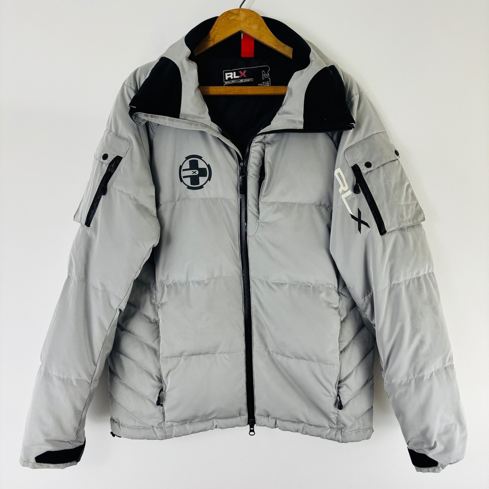 Polo Ralph Lauren RLX Mens Grey Down Puffer Ski Jacket Size M Utility Pockets